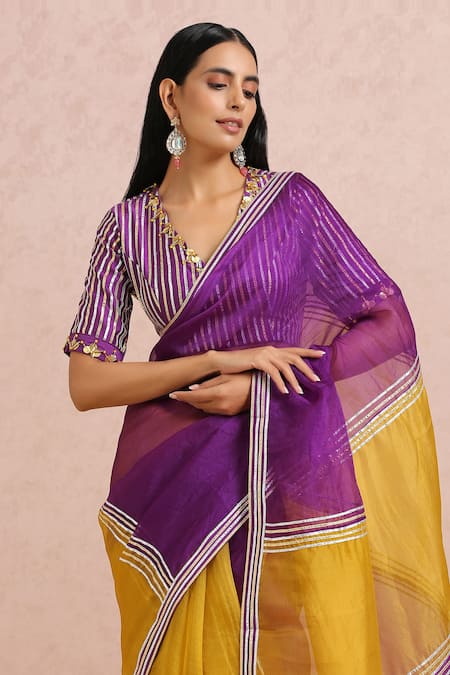 Shop_Label Nitika_Yellow Organza Gota, Cut Dana And Sequin Work V Neck Color Block Saree With Blouse _Online_at_Aza_Fashions