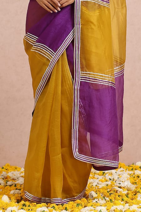Label Nitika_Yellow Organza Gota, Cut Dana And Sequin Work V Neck Color Block Saree With Blouse _at_Aza_Fashions