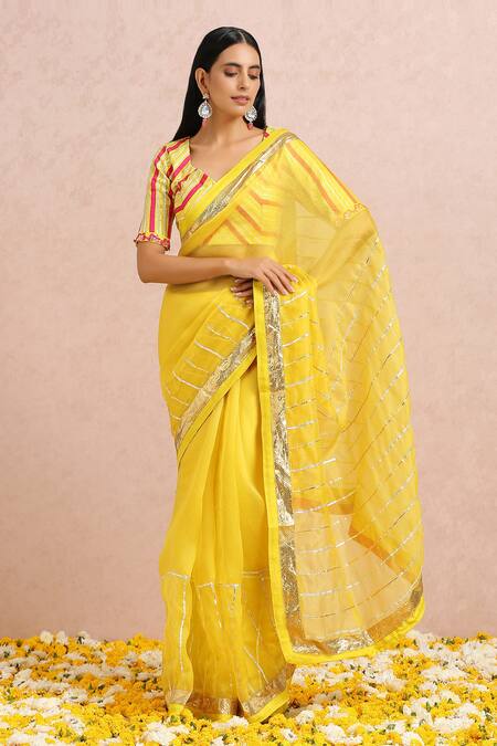 Label Nitika_Yellow Organza Gota, Cut Dana And Sequin Striped Embroidered Saree With Blouse_Online_at_Aza_Fashions