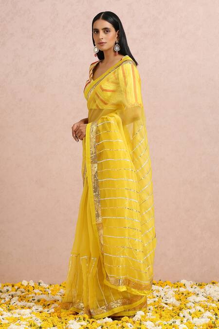 Buy_Label Nitika_Yellow Organza Gota, Cut Dana And Sequin Striped Embroidered Saree With Blouse_Online_at_Aza_Fashions
