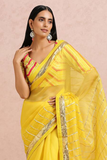 Shop_Label Nitika_Yellow Organza Gota, Cut Dana And Sequin Striped Embroidered Saree With Blouse_Online_at_Aza_Fashions