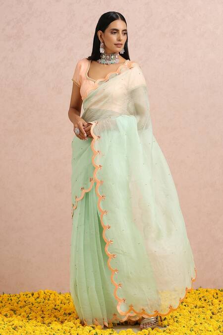 Label Nitika_Green Organza Bead And Sequin Work Leaf Neck Embroidered Saree With Blouse_Online_at_Aza_Fashions