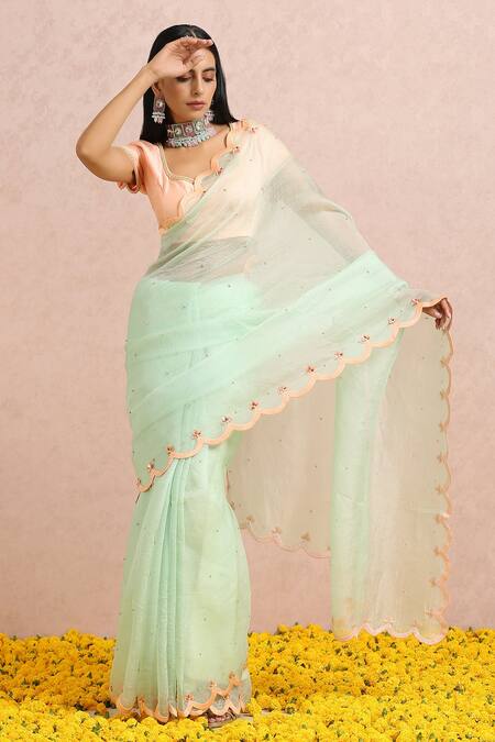 Buy_Label Nitika_Green Organza Bead And Sequin Work Leaf Neck Embroidered Saree With Blouse_Online_at_Aza_Fashions