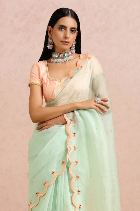 Shop_Label Nitika_Green Organza Bead And Sequin Work Leaf Neck Embroidered Saree With Blouse_Online_at_Aza_Fashions