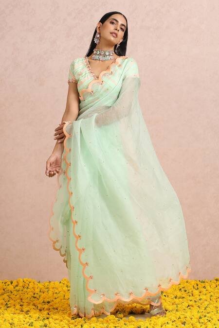 Buy_Label Nitika_Green Organza Bead And Sequin Work V Neck Embroidered Saree With Blouse_Online_at_Aza_Fashions
