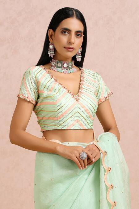 Shop_Label Nitika_Green Organza Bead And Sequin Work V Neck Embroidered Saree With Blouse_Online_at_Aza_Fashions