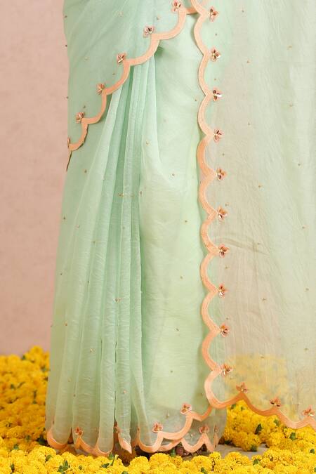Label Nitika_Green Organza Bead And Sequin Work V Neck Embroidered Saree With Blouse_at_Aza_Fashions
