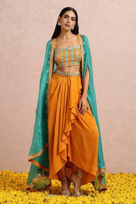 Label Nitika_Orange Madras Silk Bead, Gota And Sequin Work Embroidered Draped Skirt Set_Online_at_Aza_Fashions