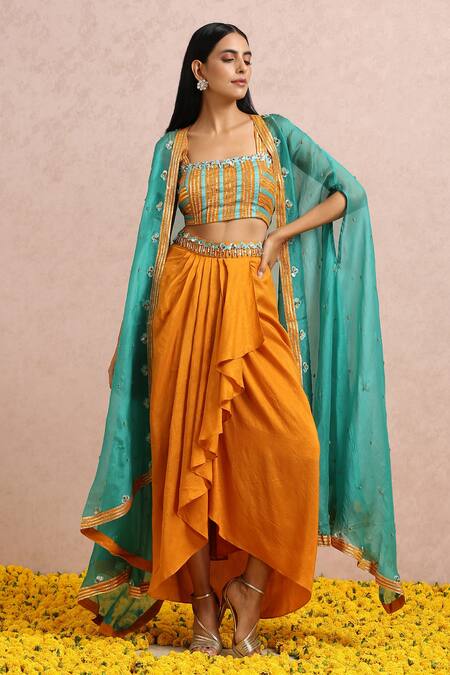 Buy_Label Nitika_Orange Madras Silk Bead, Gota And Sequin Work Embroidered Draped Skirt Set_Online_at_Aza_Fashions
