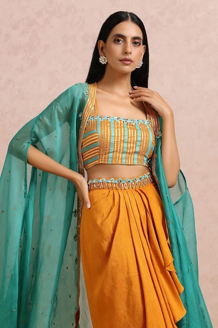 Shop_Label Nitika_Orange Madras Silk Bead, Gota And Sequin Work Embroidered Draped Skirt Set_Online_at_Aza_Fashions