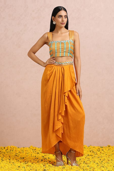 Label Nitika_Orange Madras Silk Bead, Gota And Sequin Work Embroidered Draped Skirt Set_at_Aza_Fashions