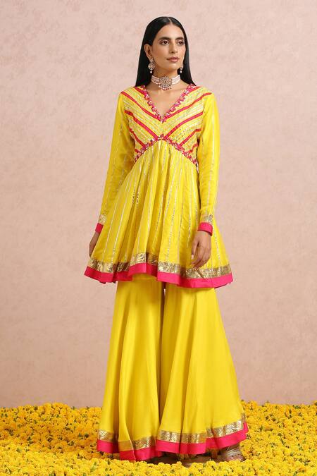 Label Nitika_Yellow Dupatta Net, Madras Silk Gota And Embroidered Peplum Kurta Sharara Set_Online_at_Aza_Fashions