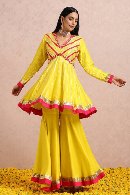Buy_Label Nitika_Yellow Dupatta Net, Madras Silk Gota And Embroidered Peplum Kurta Sharara Set_Online_at_Aza_Fashions
