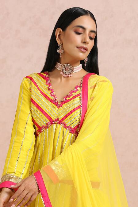 Shop_Label Nitika_Yellow Dupatta Net, Madras Silk Gota And Embroidered Peplum Kurta Sharara Set_Online_at_Aza_Fashions