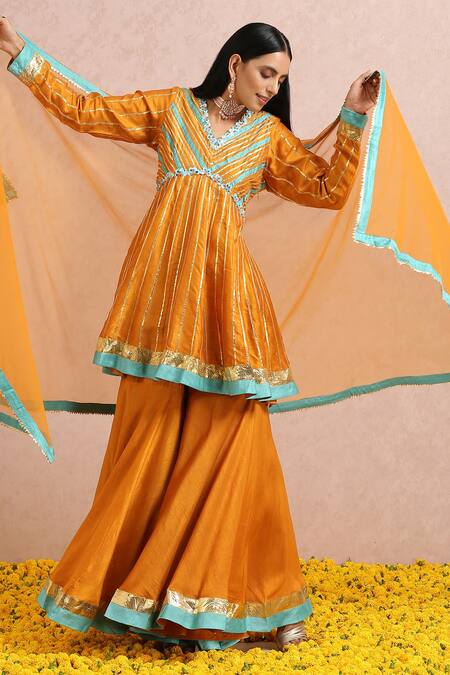 Label Nitika_Orange Dupatta Net, Madras Silk Gota And Sequin Embroidered Kurta Sharara Set_Online_at_Aza_Fashions