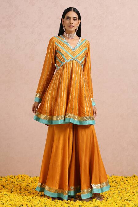 Buy_Label Nitika_Orange Dupatta Net, Madras Silk Gota And Sequin Embroidered Kurta Sharara Set_Online_at_Aza_Fashions