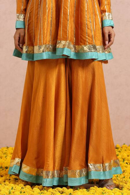Shop_Label Nitika_Orange Dupatta Net, Madras Silk Gota And Sequin Embroidered Kurta Sharara Set_Online_at_Aza_Fashions