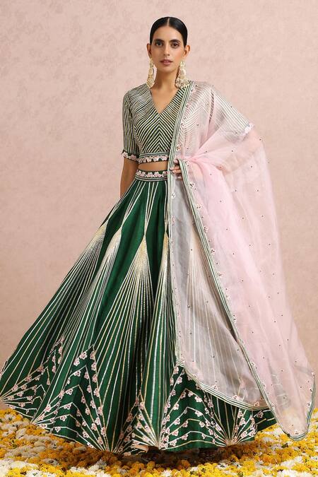 Label Nitika_Green Dupatta Organza, Madras Gota, Bead And Sequin Work V Lehenga Set_at_Aza_Fashions