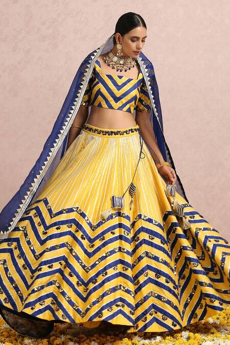 Label Nitika_Yellow Dupatta Silk Organza, Madras Chevron Pattern Embroidered Lehenga Set_Online_at_Aza_Fashions