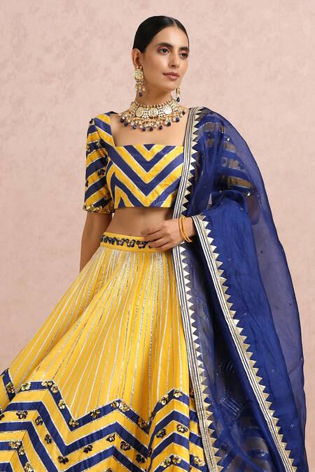 Buy_Label Nitika_Yellow Dupatta Silk Organza, Madras Chevron Pattern Embroidered Lehenga Set_Online_at_Aza_Fashions
