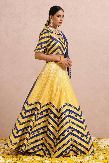 Shop_Label Nitika_Yellow Dupatta Silk Organza, Madras Chevron Pattern Embroidered Lehenga Set_Online_at_Aza_Fashions