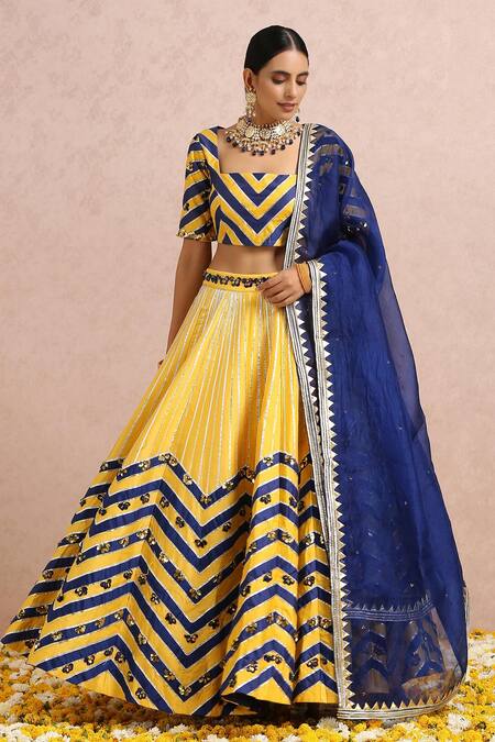 Label Nitika_Yellow Dupatta Silk Organza, Madras Chevron Pattern Embroidered Lehenga Set_at_Aza_Fashions