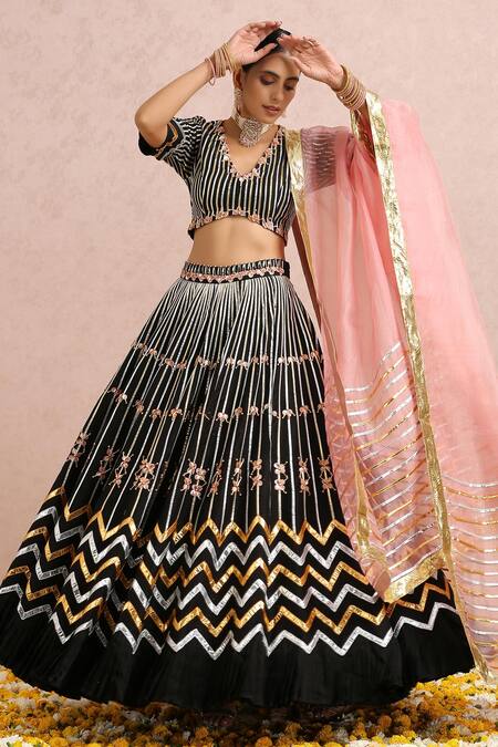 Label Nitika_Black Dupatta Organza, Madras Stripe Pattern Embroidered Lehenga Set _Online_at_Aza_Fashions