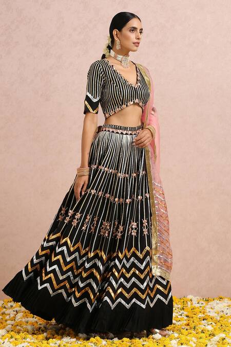 Buy_Label Nitika_Black Dupatta Organza, Madras Stripe Pattern Embroidered Lehenga Set _Online_at_Aza_Fashions
