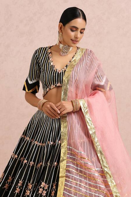 Shop_Label Nitika_Black Dupatta Organza, Madras Stripe Pattern Embroidered Lehenga Set _Online_at_Aza_Fashions