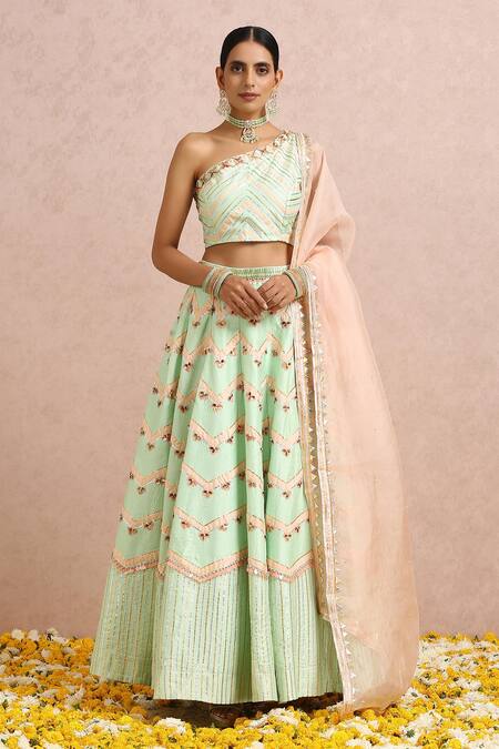 Label Nitika_Green Dupatta Organza, Madras Gota, Bead Chevron Pattern Lehenga Set_Online_at_Aza_Fashions