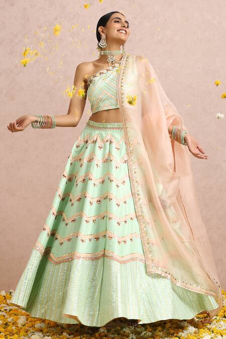 Buy_Label Nitika_Green Dupatta Organza, Madras Gota, Bead Chevron Pattern Lehenga Set_Online_at_Aza_Fashions