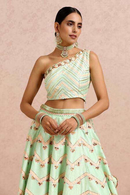 Shop_Label Nitika_Green Dupatta Organza, Madras Gota, Bead Chevron Pattern Lehenga Set_Online_at_Aza_Fashions