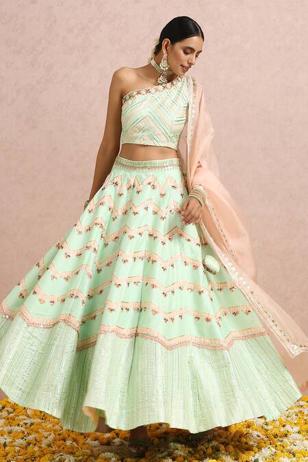 Label Nitika_Green Dupatta Organza, Madras Gota, Bead Chevron Pattern Lehenga Set_at_Aza_Fashions