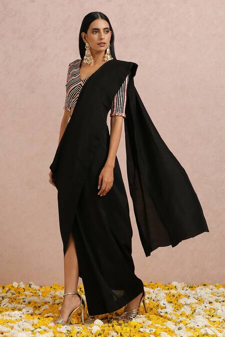 Label Nitika_Black Madras Silk Gota, Bead And Sequin Work V Neck Pre-draped Saree With Blouse_Online_at_Aza_Fashions