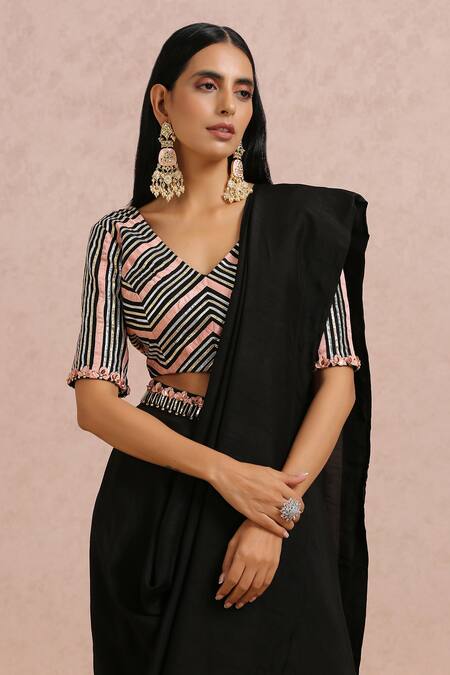 Buy_Label Nitika_Black Madras Silk Gota, Bead And Sequin Work V Neck Pre-draped Saree With Blouse_Online_at_Aza_Fashions