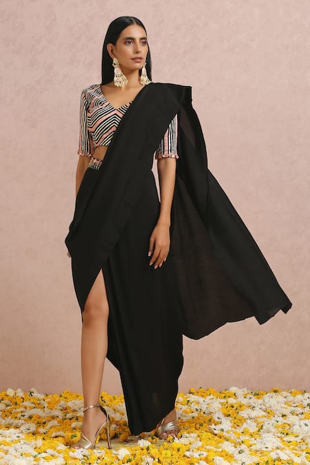 Shop_Label Nitika_Black Madras Silk Gota, Bead And Sequin Work V Neck Pre-draped Saree With Blouse_Online_at_Aza_Fashions
