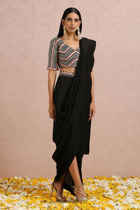 Label Nitika_Black Madras Silk Gota, Bead And Sequin Work V Neck Pre-draped Saree With Blouse_at_Aza_Fashions