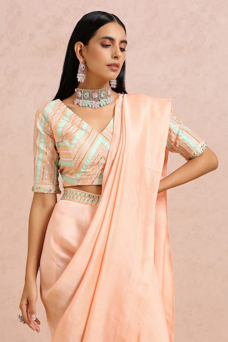 Buy_Label Nitika_Peach Madras Silk Gota, Bead And Sequin Pre-draped Saree With Embroidered Blouse_Online_at_Aza_Fashions