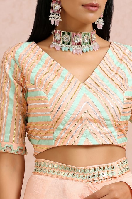 Shop_Label Nitika_Peach Madras Silk Gota, Bead And Sequin Pre-draped Saree With Embroidered Blouse_Online_at_Aza_Fashions