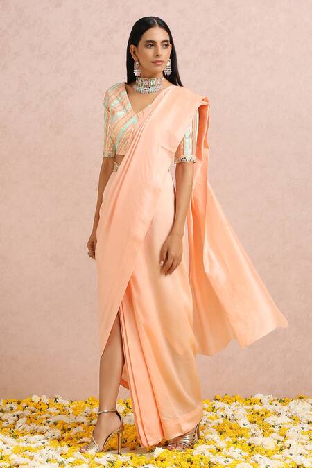 Label Nitika_Peach Madras Silk Gota, Bead And Sequin Pre-draped Saree With Embroidered Blouse_at_Aza_Fashions