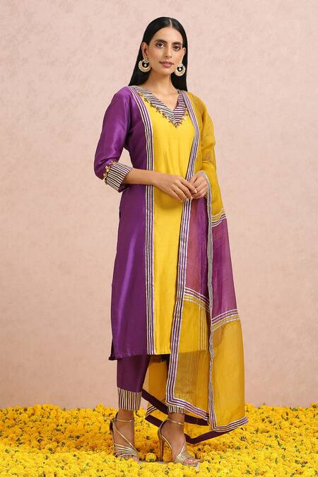 Label Nitika_Yellow Chanderi, Dupatta Silk Organza Gota And Sequin Work Color Block Kurta Set_Online_at_Aza_Fashions