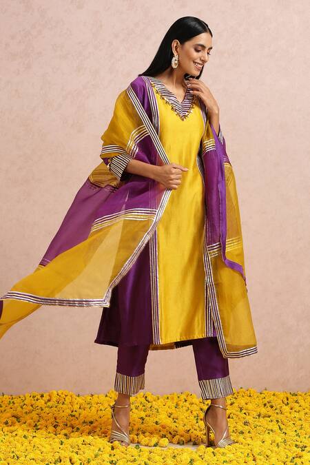 Buy_Label Nitika_Yellow Chanderi, Dupatta Silk Organza Gota And Sequin Work Color Block Kurta Set_Online_at_Aza_Fashions