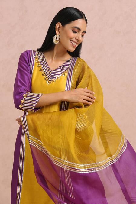 Shop_Label Nitika_Yellow Chanderi, Dupatta Silk Organza Gota And Sequin Work Color Block Kurta Set_Online_at_Aza_Fashions