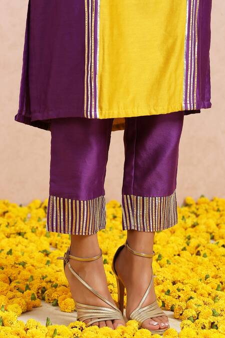 Label Nitika_Yellow Chanderi, Dupatta Silk Organza Gota And Sequin Work Color Block Kurta Set_at_Aza_Fashions