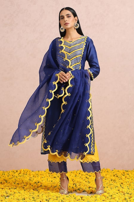 Label Nitika_Blue Chanderi, Dupatta Silk Organza Bead, Gota And Sequin Embroidered Kurta Set_Online_at_Aza_Fashions
