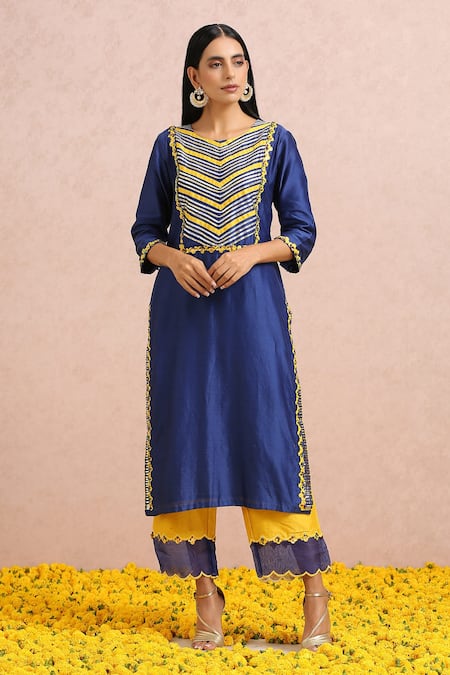 Label Nitika_Blue Chanderi, Dupatta Silk Organza Bead, Gota And Sequin Embroidered Kurta Set_at_Aza_Fashions