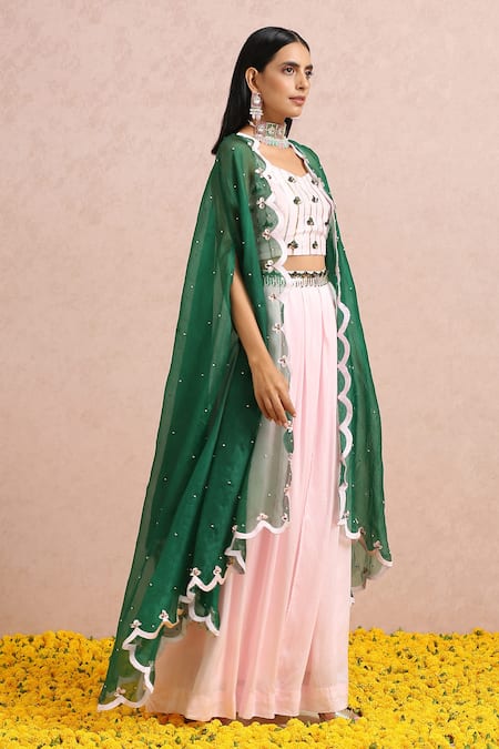 Label Nitika_Pink Madras Silk Bead, Gota And Sequin Work Blouse Embroidered Palazzo Set_Online_at_Aza_Fashions