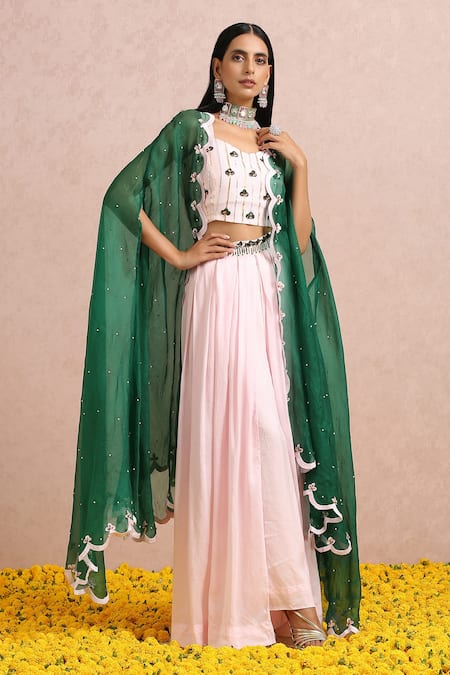 Buy_Label Nitika_Pink Madras Silk Bead, Gota And Sequin Work Blouse Embroidered Palazzo Set_Online_at_Aza_Fashions