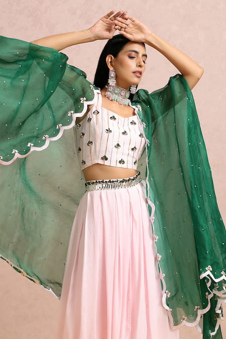 Shop_Label Nitika_Pink Madras Silk Bead, Gota And Sequin Work Blouse Embroidered Palazzo Set_Online_at_Aza_Fashions