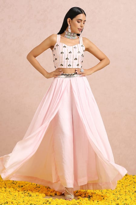Label Nitika_Pink Madras Silk Bead, Gota And Sequin Work Blouse Embroidered Palazzo Set_at_Aza_Fashions
